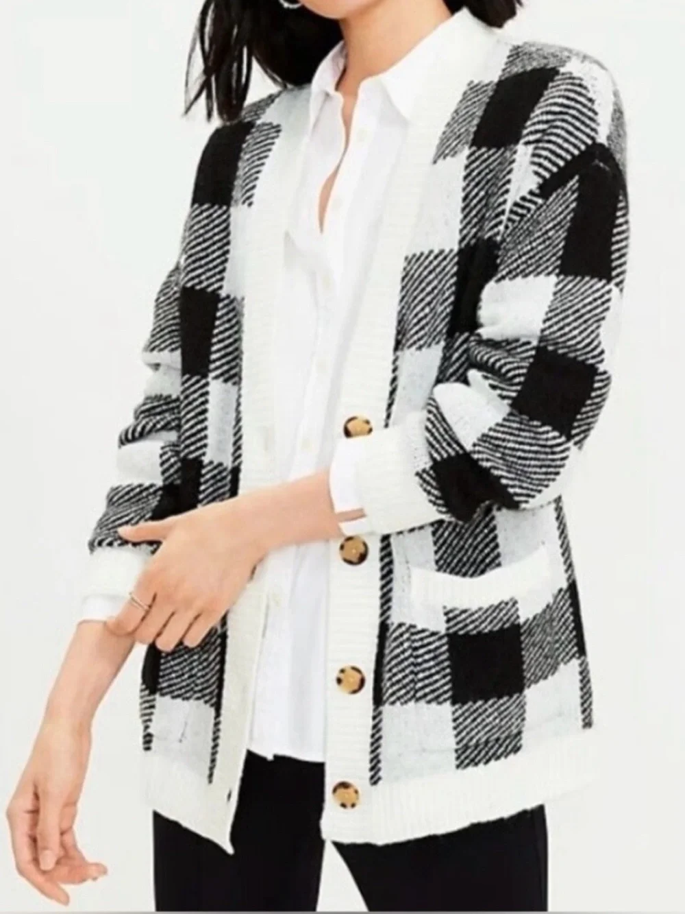 LOFT Large Black & White Buffalo check Plaid Cardigan